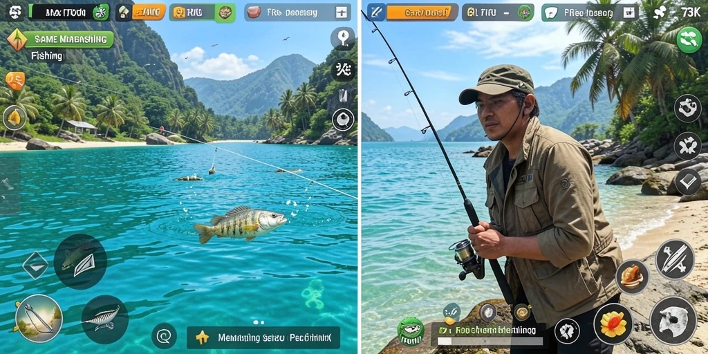 Tampilan gameplay 73K yang menawan dalam suasana memancing.