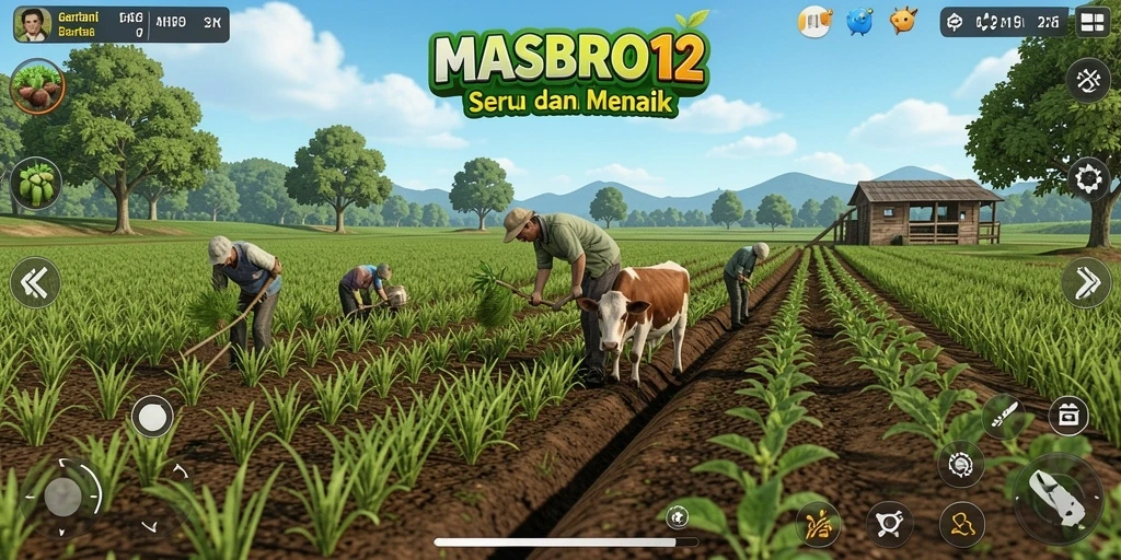 Tampilan gameplay <strong>MASBRO12</strong> dengan aktivitas bertani yang menyenangkan.