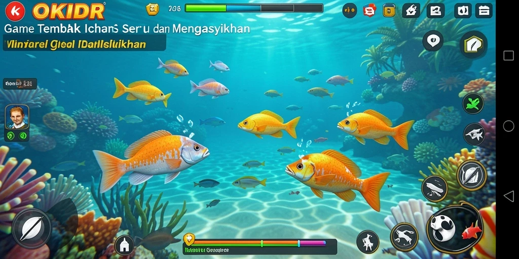 Tangkapan layar utama OKIDR menampilkan aksi menembak ikan yang seru dan dinamis.