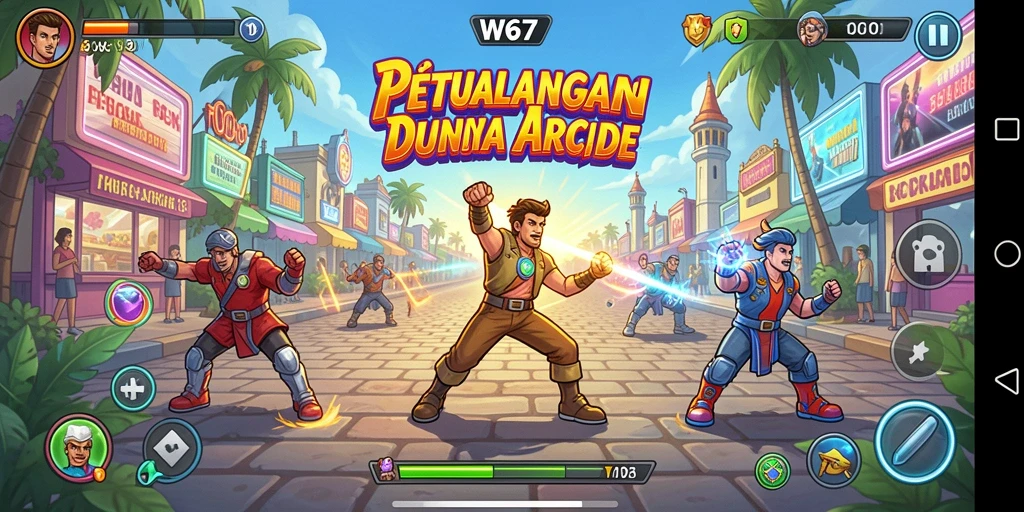 Screenshot utama W67 menampilkan aksi seru dalam gameplay Arcade.